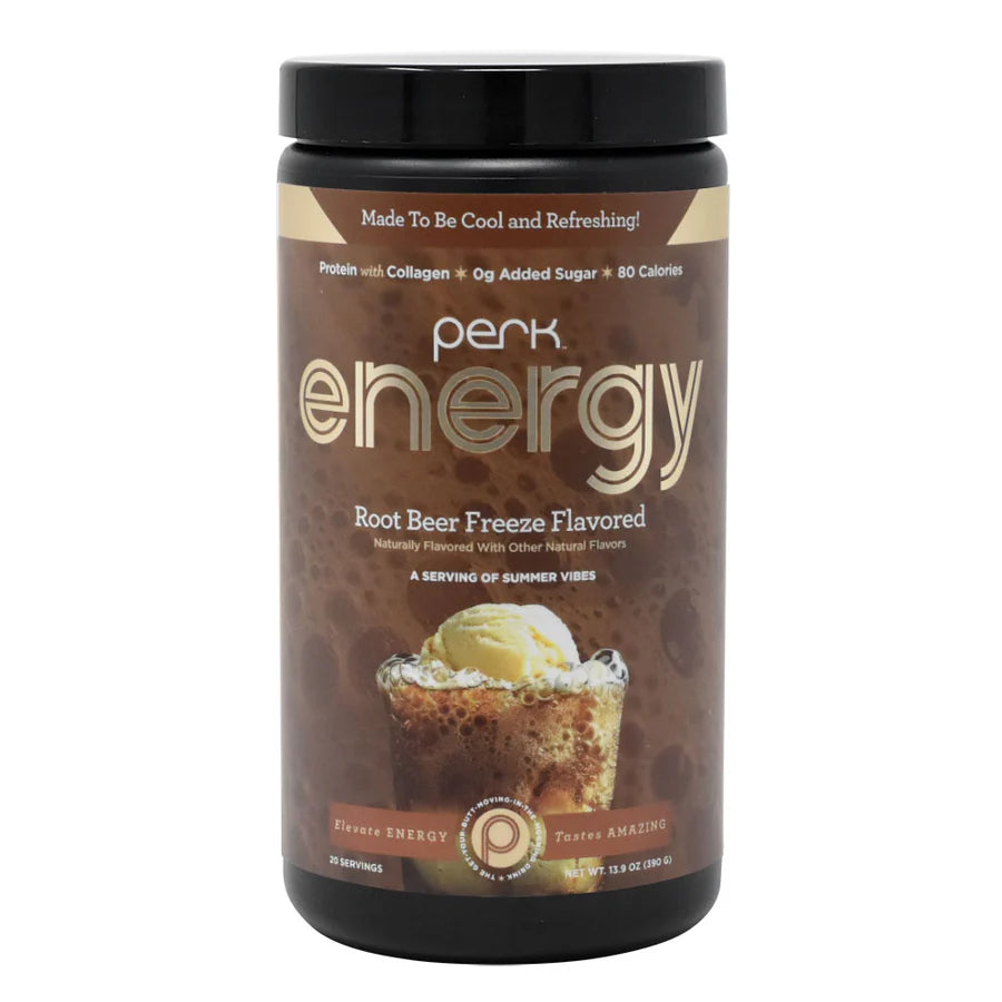 Front view of Perk Energy Root Beer Freeze container, a natural caffeine drink with 8g protein and 80 calories per serving for steady energy.