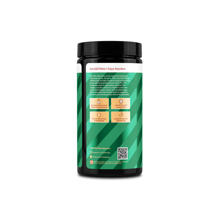 Back view of Energy Original CAFFEINE-FREE Eggnog (20 servings) container showing product benefits like immune support, collagen, and MCTs.