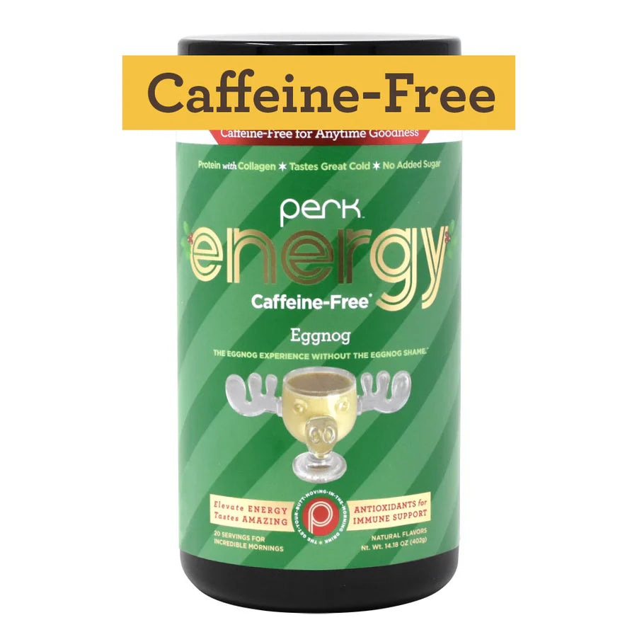 Energy Original CAFFEINE-FREE Eggnog (20 servings) with bold 'Caffeine-Free' label, emphasizing its suitability for anytime use and healthy energy boost.