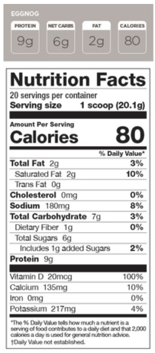 Nutrition label of Energy Original CAFFEINE-FREE Eggnog (20 servings) showing 80 calories, 9g protein, 6g net carbs, and 2g fat per serving.