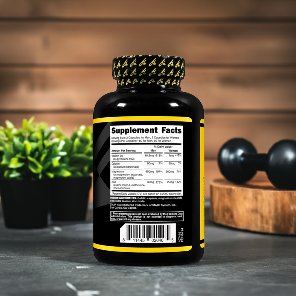 Back label of PrimaForce ZMA Muscle Recovery Supplement showing supplement facts with zinc, magnesium, and vitamin B6 for enhanced recovery.