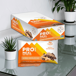 Probar Meal Bar Oatmeal Chocolate Chip box and single bar on counter, 12-pack of high-protein gluten-free vegan meal replacement bars
