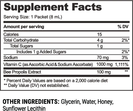 Supplement Facts label for Propolis + Vitamin C Liposomal by Beekeeper's Naturals showing 1000mg Vitamin C and 100mg bee propolis per 8mL packet.
