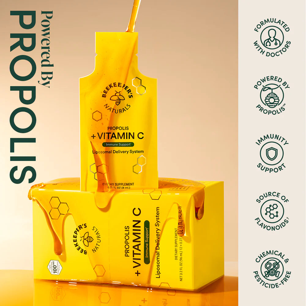 Beekeeper’s Naturals Propolis + Vitamin C – suplemento liposomal para el sistema inmunológico. Imagen con diseño vibrante mostrando los beneficios del propóleo, formulado con médicos y libre de químicos y pesticidas.