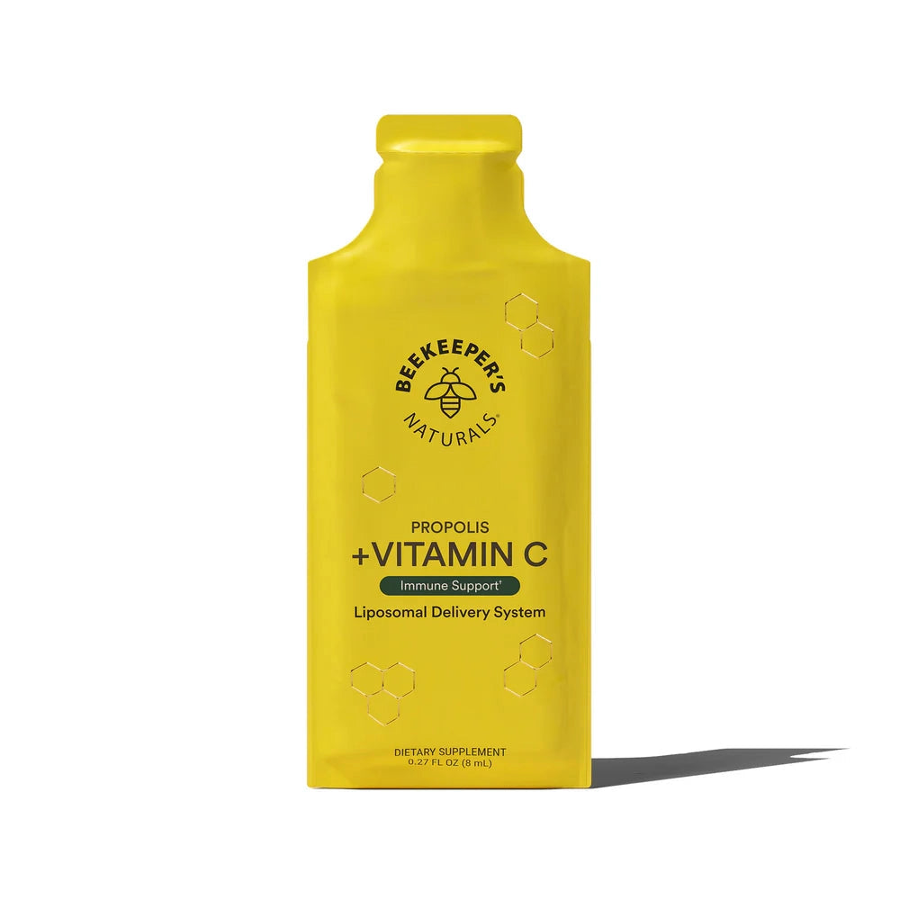 Propolis + Vitamin C Liposomal by Beekeeper's Naturals in a bright yellow pouch, designed for immune support and enhanced nutrient absorption.