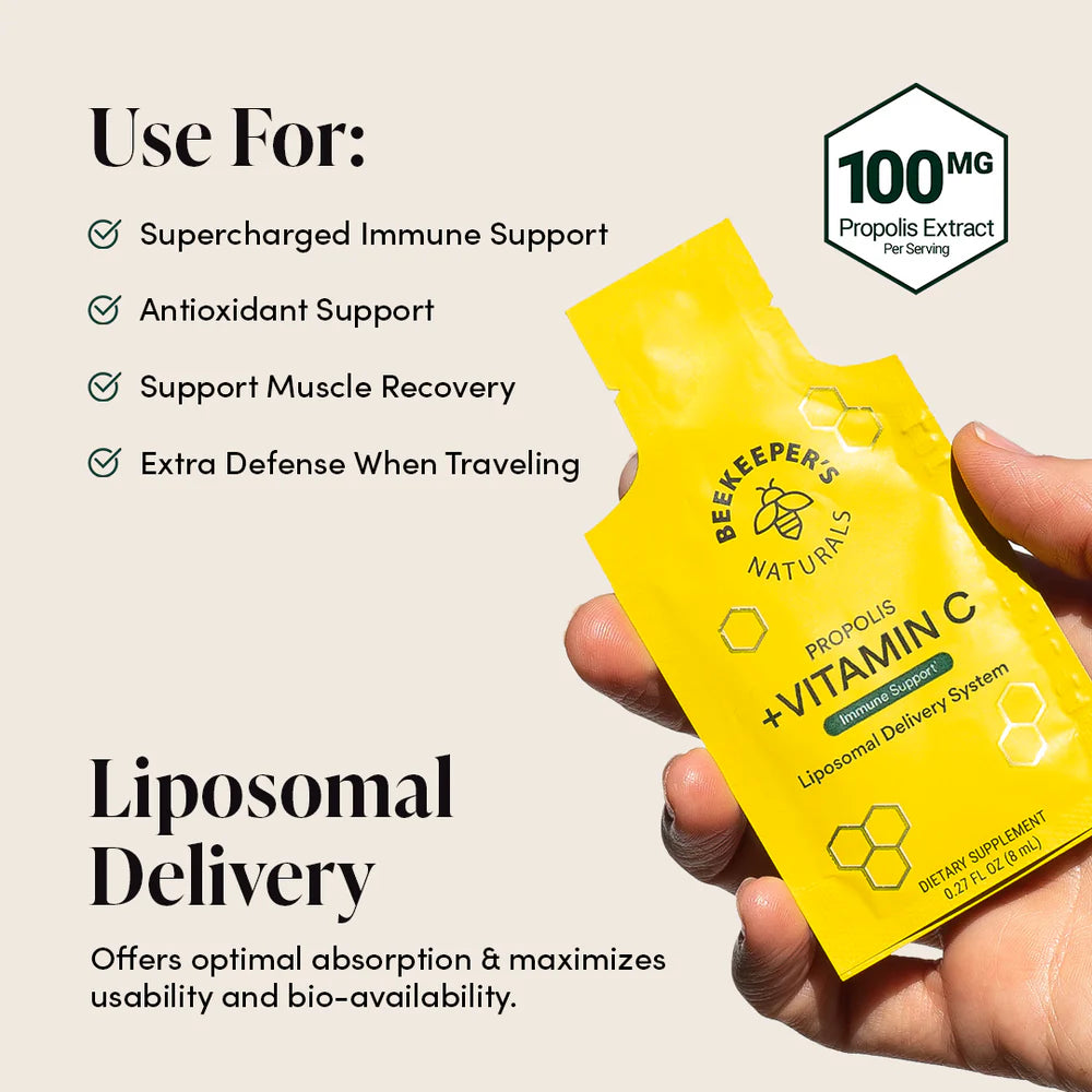 Beekeeper’s Naturals Propolis + Vitamin C en presentación portátil. Imagen destacando sus usos principales: soporte inmunológico reforzado