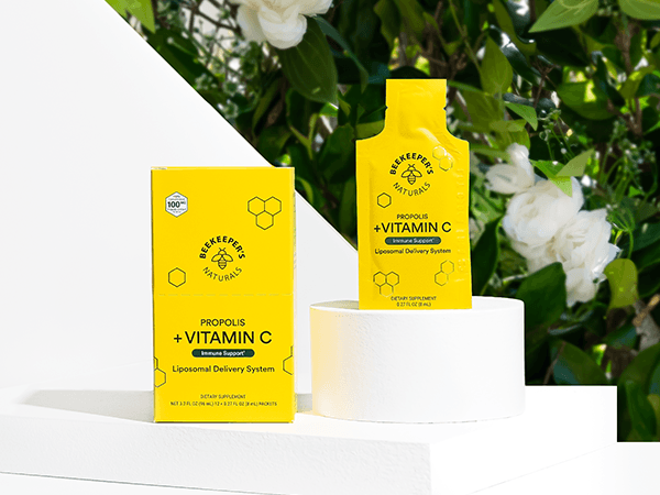 Propolis + Vitamin C Liposomal by Beekeeper's Naturals in bright yellow packaging, designed for immune support and enhanced nutrient absorption.