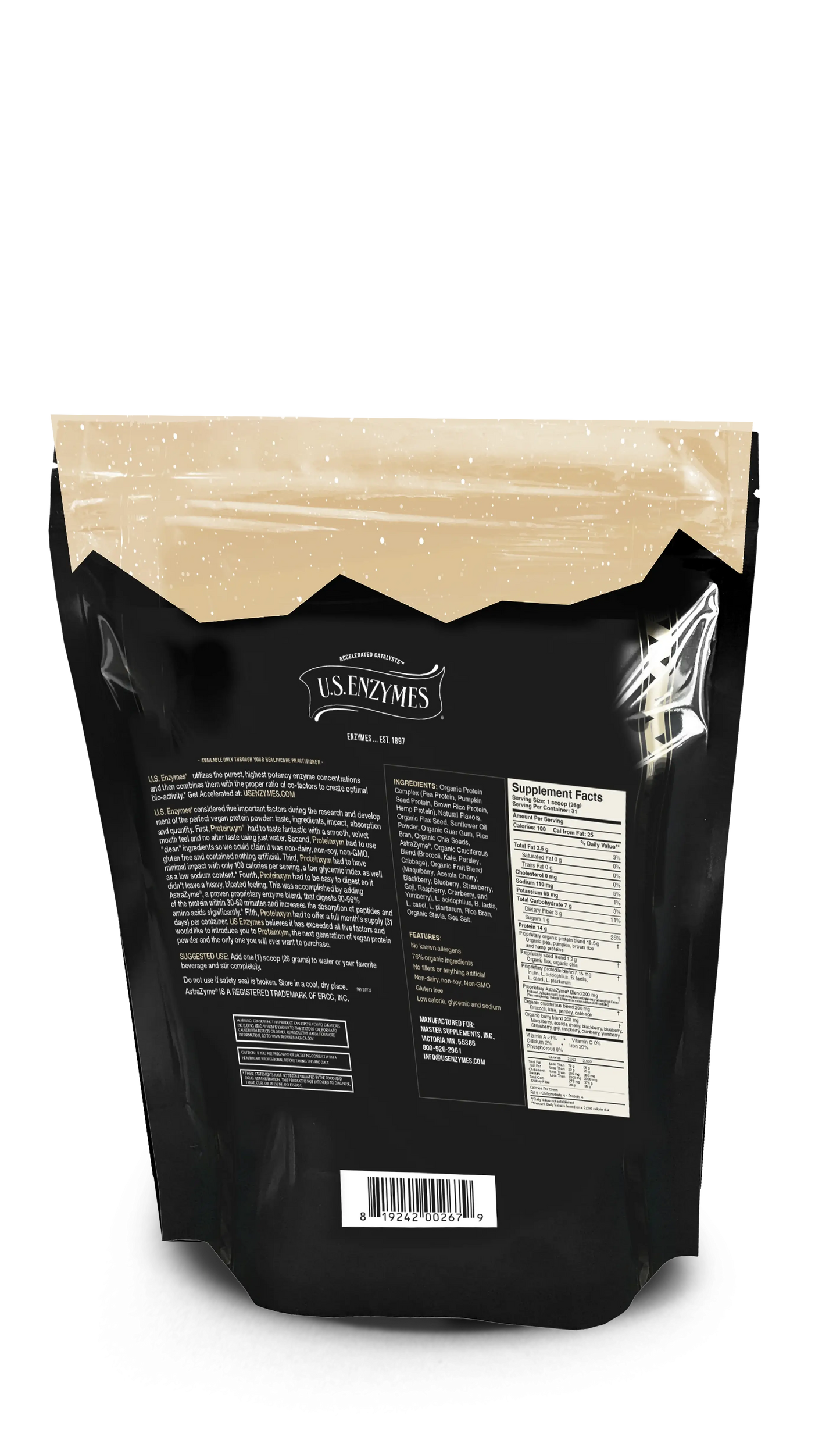 Back of Proteinxym Vanilla protein powder pouch showing supplement facts, ingredients, and product details for health-conscious consumers.