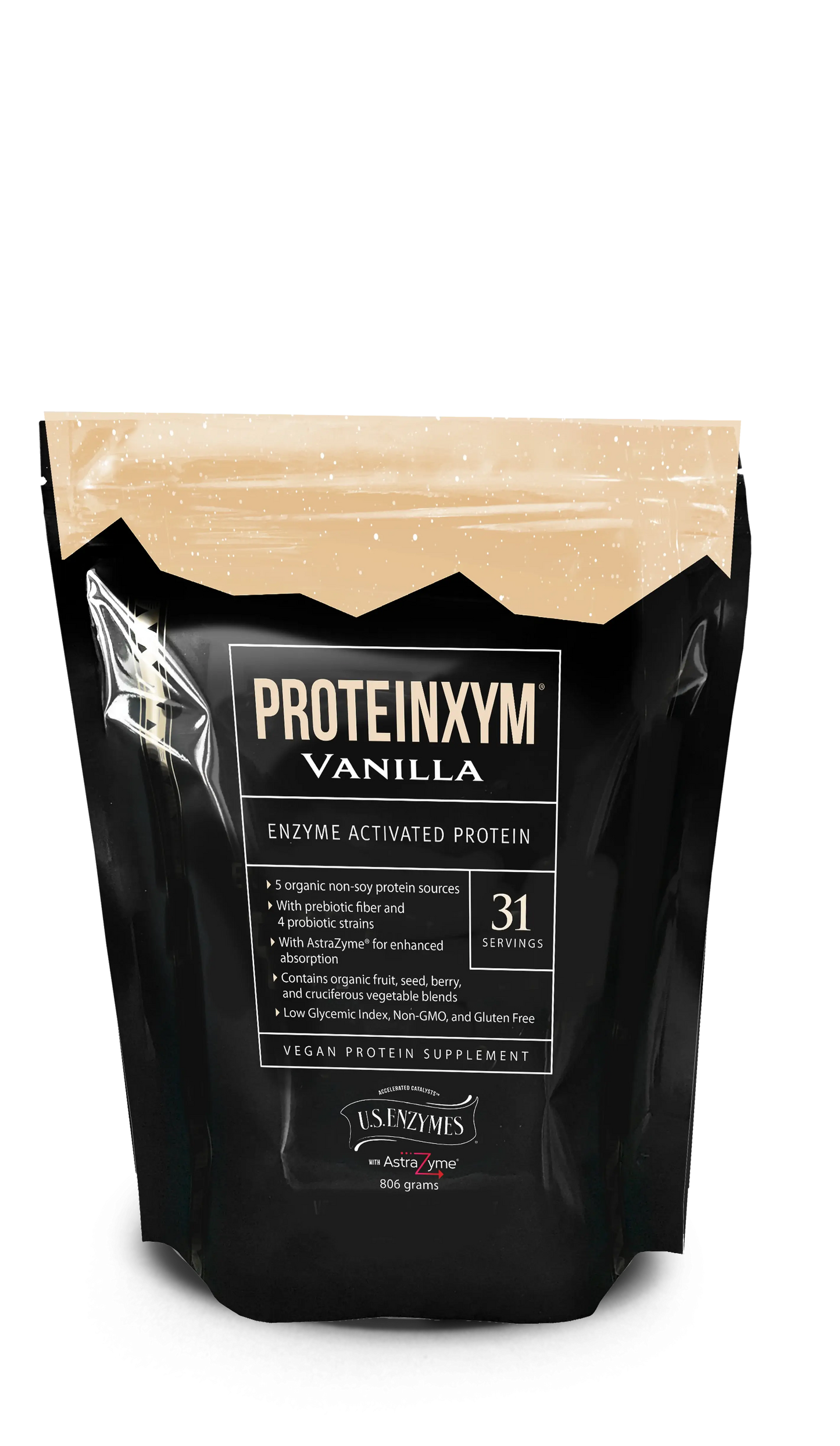 Proteinxym Vanilla enzyme-activated vegan protein powder with 31 servings, featuring organic, non-GMO, gluten-free, and soy-free ingredients.
