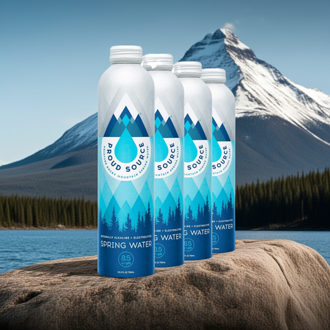 Proud Source Alkaline Spring Water USA bottled at source with eco-friendly aluminum packaging.

