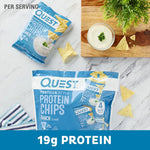 Quest Ranch Protein Chips with guacamole dip on table – 19g protein low carb snack

