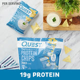Quest Ranch Protein Chips with guacamole dip on table – 19g protein low carb snack

