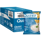 Quest Ranch Tortilla Style Protein Chips box packaging – high protein keto-friendly chips, 8-pack case

