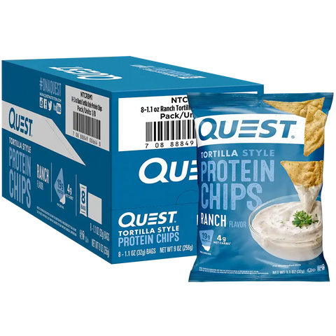 Quest Ranch Tortilla Style Protein Chips box packaging – high protein keto-friendly chips, 8-pack case

