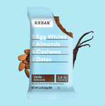"RXBAR Vanilla Almond Protein Bar with real vanilla beans and almonds on a blue background"

