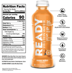 "Nutrition facts and front label of Ready Protein Water Orange Mango with 20g whey isolate and zero sugar"

