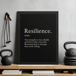 Resilience Framed Poster 12x16 – Motivational Wall Art for Success featuring a bold black-and-white definition design, ideal for home gym or office decor.
