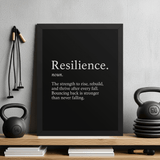 Resilience Framed Poster 12x16 – Motivational Wall Art for Success featuring a bold black-and-white definition design, ideal for home gym or office decor.