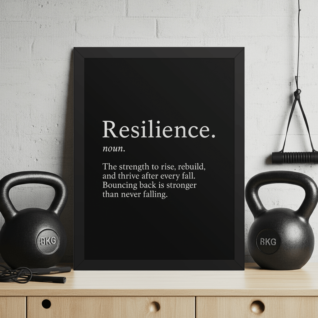Resilience Framed Poster 12x16 – Motivational Wall Art for Success displayed in a home gym with kettlebells, featuring bold black-and-white typography. Ideal for inspiring strength and perseverance in workout or office spaces.