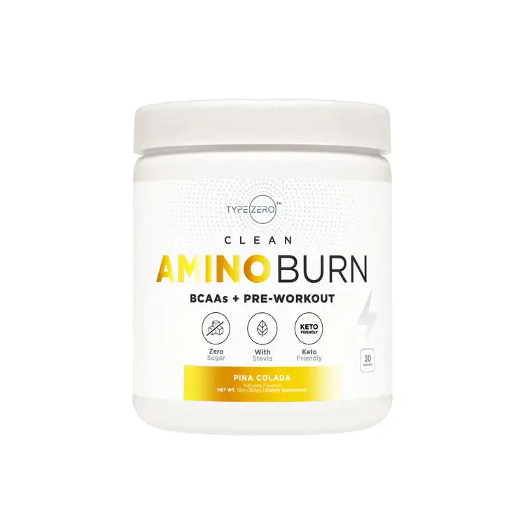 Front view of TYPE ZERO Vegan BCAA Pre-Workout Amino Burn – Piña Colada Flavor, a plant-based supplement for muscle recovery and weight loss support.