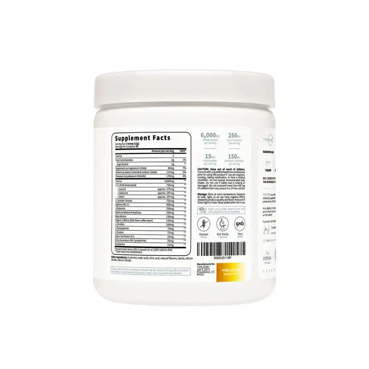 Back label of TYPE ZERO Vegan BCAA Pre-Workout Amino Burn – Piña Colada Flavor showing supplement facts, ingredients, and certifications for clean fitness nutrition.