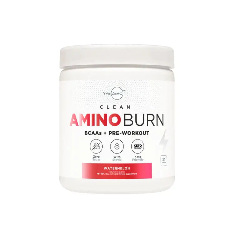 TYPE ZERO CLEAN AMINO BURN - Vegan BCAA + Pre-Workout in watermelon flavor, clean label design for eco-conscious fitness and hydration support.