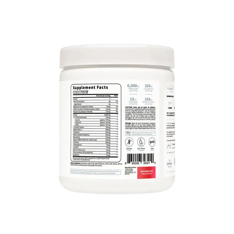 Back label of TYPE ZERO CLEAN AMINO BURN - Vegan BCAA + Pre-Workout showing supplement facts and ingredients for fitness and weight management.