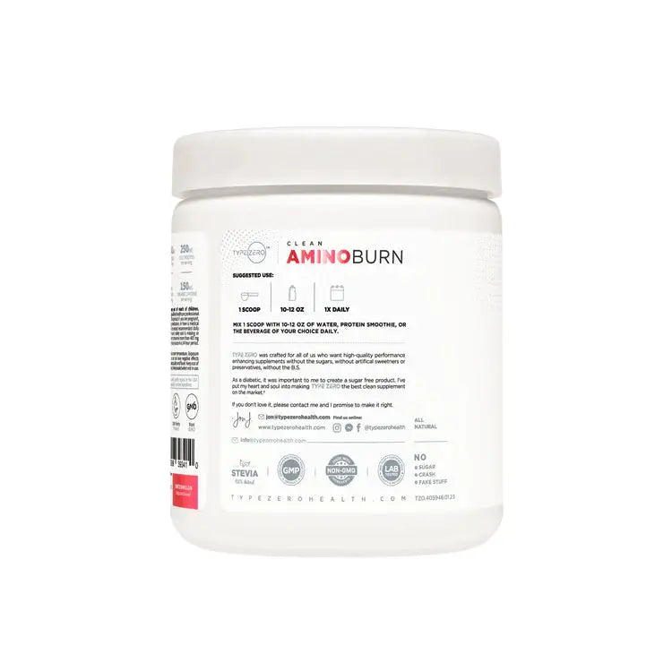 Usage directions and benefits on TYPE ZERO CLEAN AMINO BURN - Vegan BCAA + Pre-Workout, highlighting clean energy and plant-based performance support.