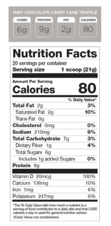 Mint Chocolate Truffle Energy Drink by Perk Energy with 20 servings per container. Features 9g protein, 2g fat, and 2g sugar per 80-calorie scoop.