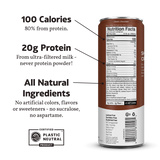 Slate Milk Classic Chocolate Shake nutritional facts panel highlighting 110 calories, 20g protein, and clean ingredients.