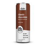 Slate Milk Classic Chocolate Shake can with 20g protein, 0g sugar, and smooth chocolate flavor on clean white background.