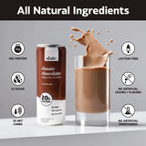 Slate Milk Classic Chocolate Shake nutritional graphic showing 20g protein, 0g sugar, lactose-free and natural ingredients.