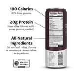 Slate Milk Dark Chocolate Shake nutritional facts panel showcasing 20g protein, 100 calories, and all-natural ingredients.