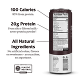 Slate Milk Dark Chocolate Shake nutritional facts panel showcasing 20g protein, 100 calories, and all-natural ingredients.