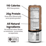 Nutritional label of Slate Milk Classic Chocolate showing 20g protein, 100 calories, and all-natural ingredients.