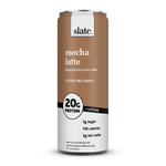 Slate Milk Classic Chocolate Shake can with 20g protein, 0g sugar, and all-natural ingredients on a clean white background.