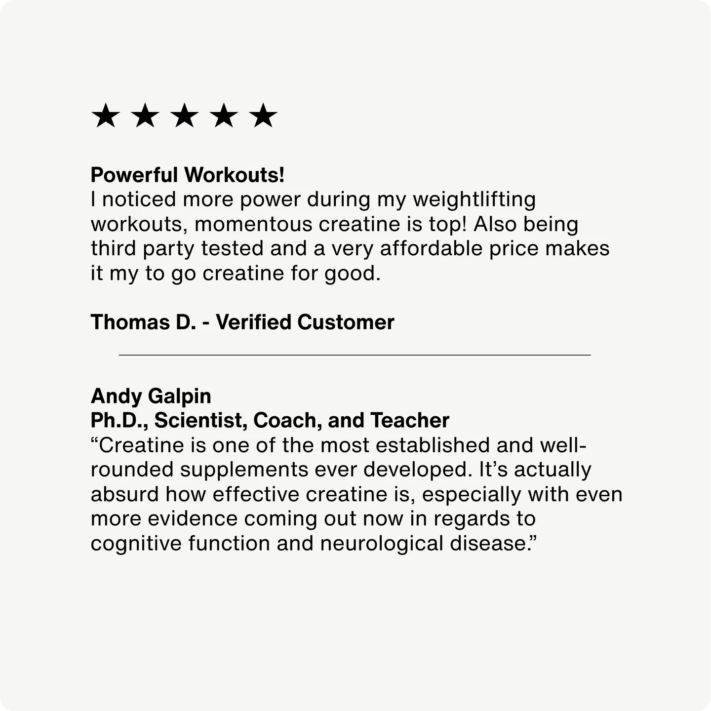 Customer and expert reviews praising Momentous Creatine for enhancing workouts and supporting cognitive health with scientific backing.