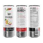 Three views of Celsius Sparkling Fuji Apple Pear Energy Drink can showing label, ingredients, and nutrition facts for health-conscious consumers.