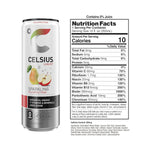 Nutrition facts and ingredients of Celsius Sparkling Fuji Apple Pear Energy Drink showing 10 calories, 7 vitamins, and no sugar per 12 fl oz can.