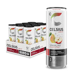 Celsius Sparkling Fuji Apple Pear Energy Drink 12-pack with front can close-up, offering metabolism boost and clean energy for active lifestyles.
