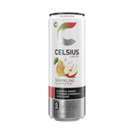 Single can of Celsius Sparkling Fuji Apple Pear Energy Drink with crisp fruit graphics, promoting zero sugar and natural energy support.