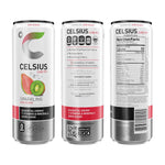 Front, side, and nutrition label views of Celsius Sparkling Kiwi Guava cans, showcasing ingredients and zero sugar label