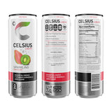 Front, side, and nutrition label views of Celsius Sparkling Kiwi Guava cans, showcasing ingredients and zero sugar label