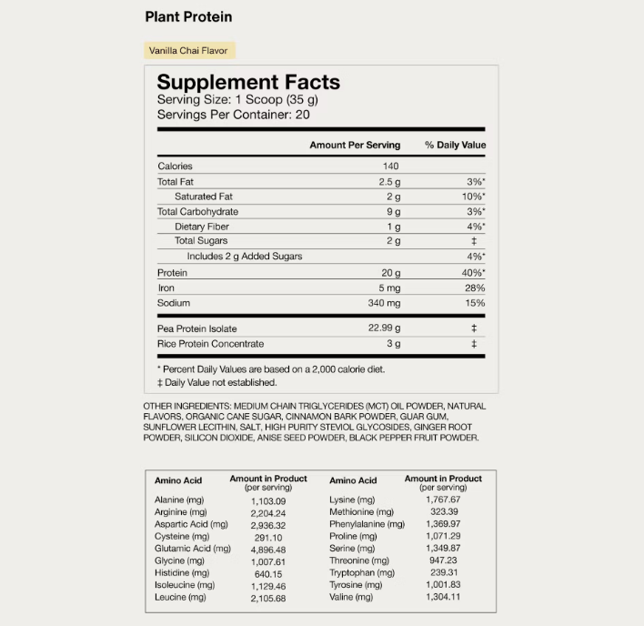Supplement facts label for Momentous 100% Plant Protein Vanilla Chai showing amino acid profile and clean ingredient list.