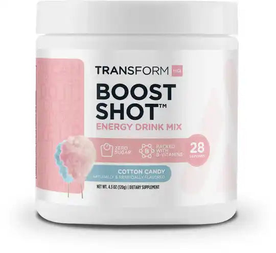 Front label of Healthy Energy Drink Powder – Boost Shot for Focus & Fat Burn in cotton candy flavor with 28 servings, zero sugar, and packed with B-vitamins.