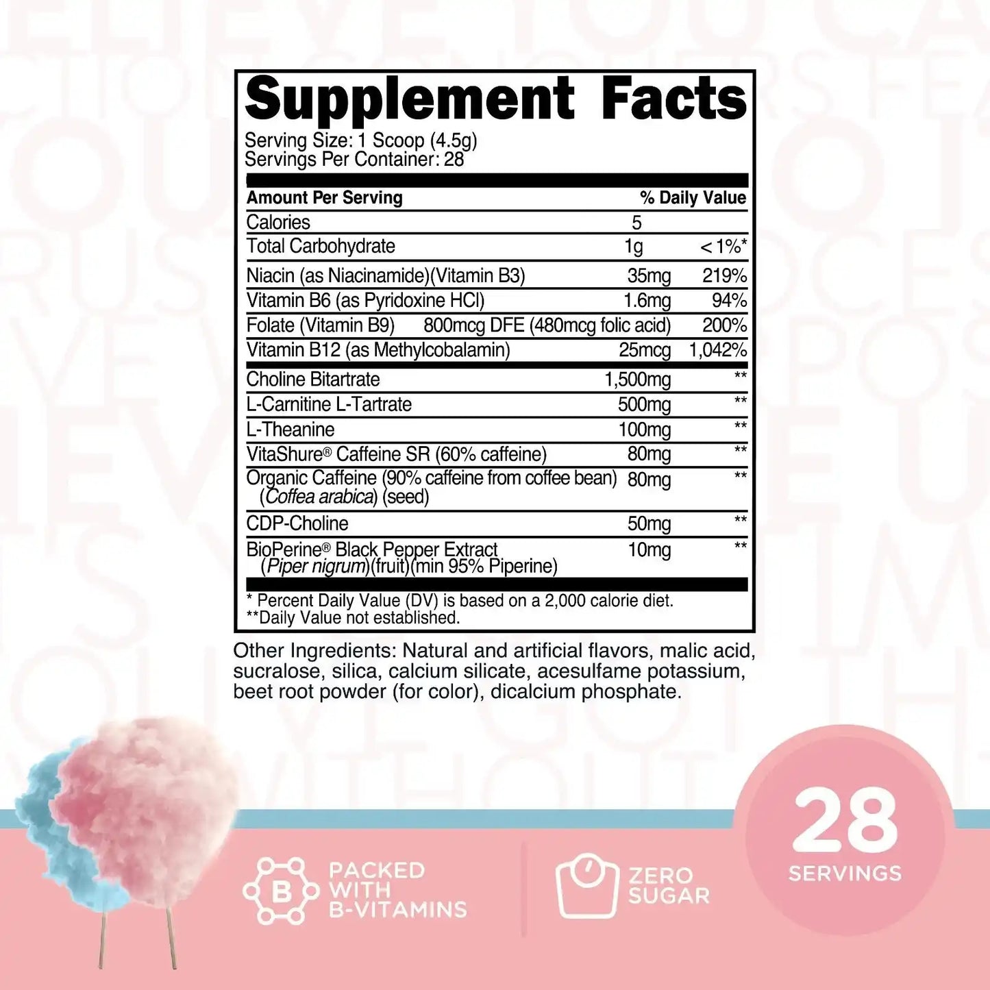 Supplement facts label for Healthy Energy Drink Powder – Boost Shot for Focus & Fat Burn showing ingredients like B vitamins, caffeine, and L-carnitine.