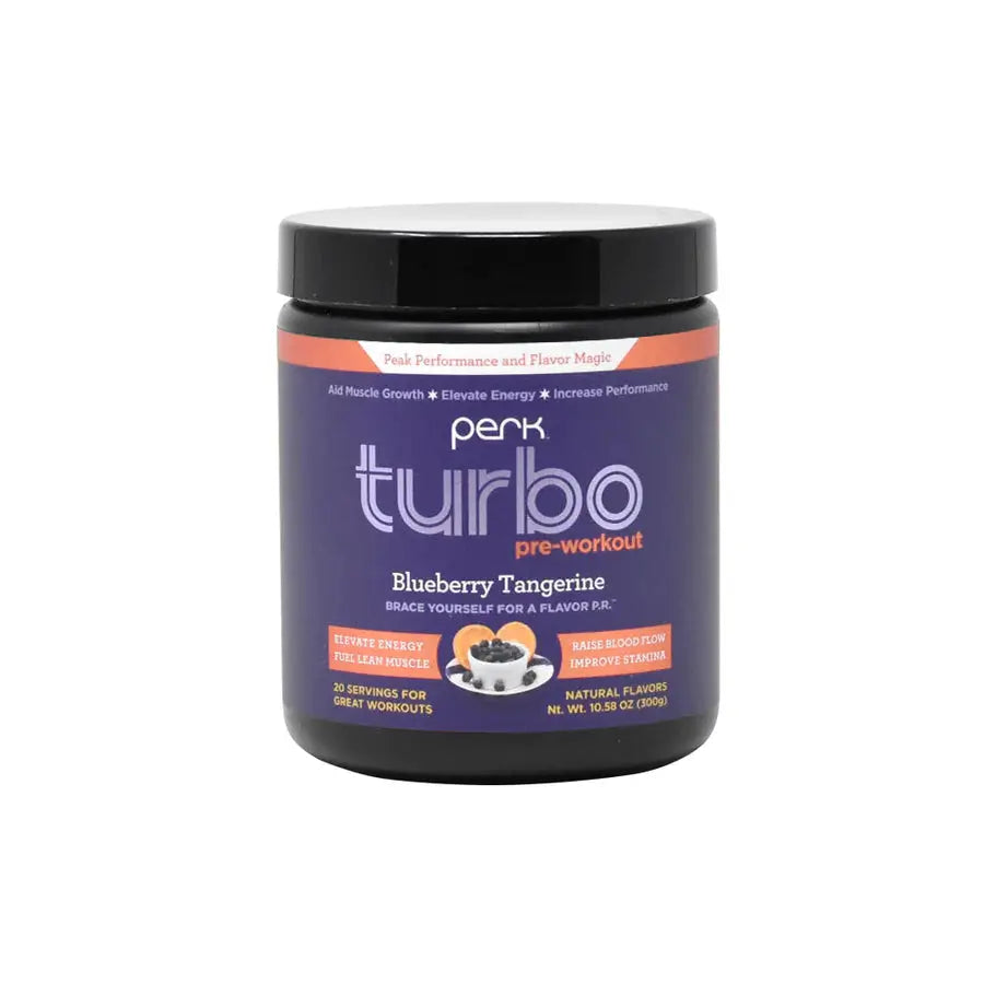 Front view of Velitearmor Perk Turbo Pre-Workout Blueberry Tangerine, highlighting natural flavors and benefits like improved stamina and energy.