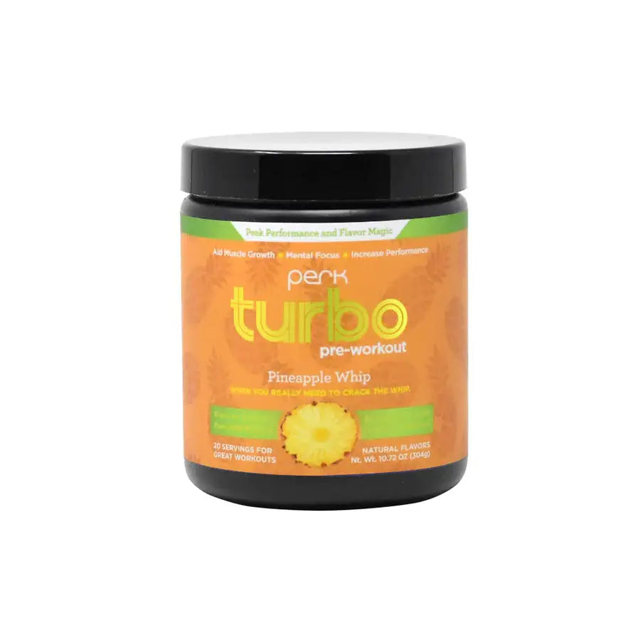 Front view of Turbo Pineapple Whip Pre-Workout Supplement, highlighting natural flavors, energy boost, and 20 servings for cardio and strength workouts.