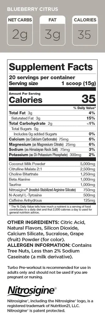 Supplement facts label for Velitearmor Perk Turbo Pre-Workout Blueberry Tangerine, detailing ingredients like Nitrosigine and Citrulline Malate.