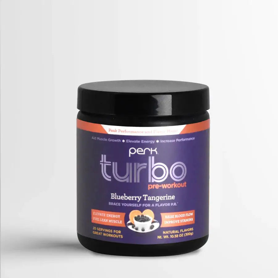 Velitearmor Perk Turbo Pre-Workout Blueberry Tangerine jar with clean background, featuring 20 servings for muscle growth and mental focus.